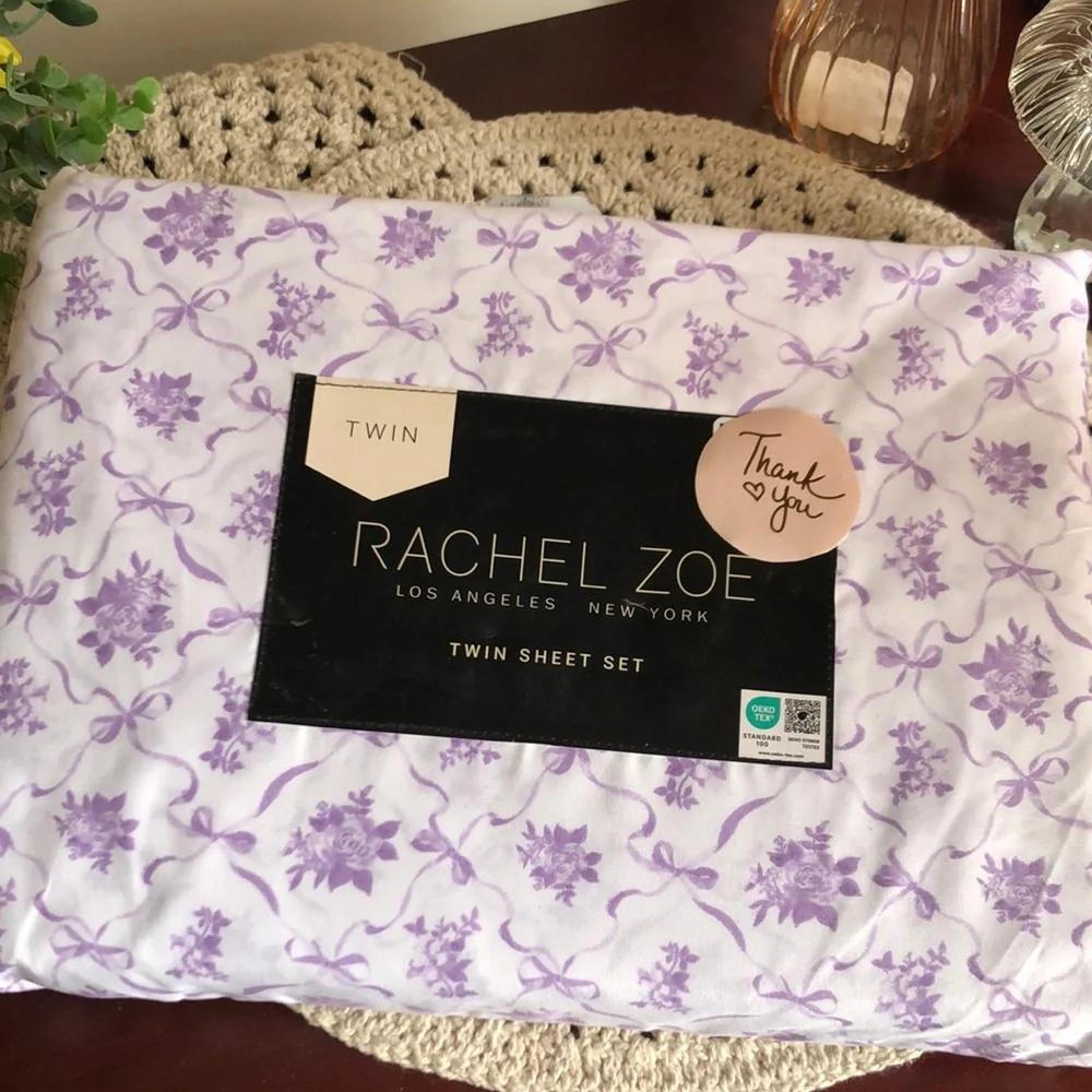Rachel Zoe Purple & White FLORAL and BOW Twin Sheet Set